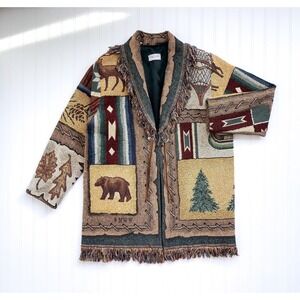 vtg Jan's Jems bear deer fish rustic woven tapestry blanket‎ jacket coat